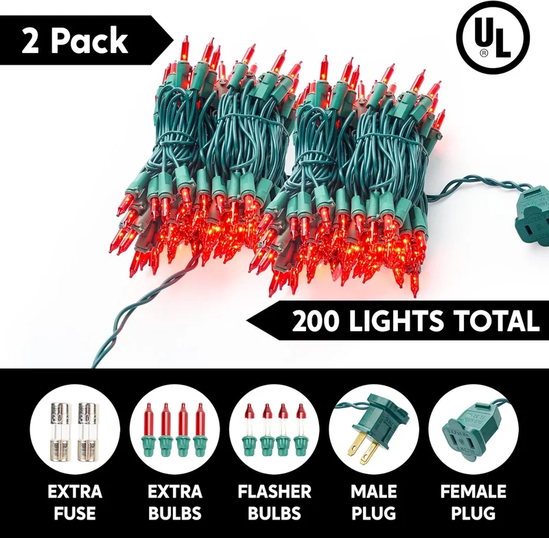Red Christmas Lights,42.8FT / 200 Count String Lights - Green Wire for Decorations