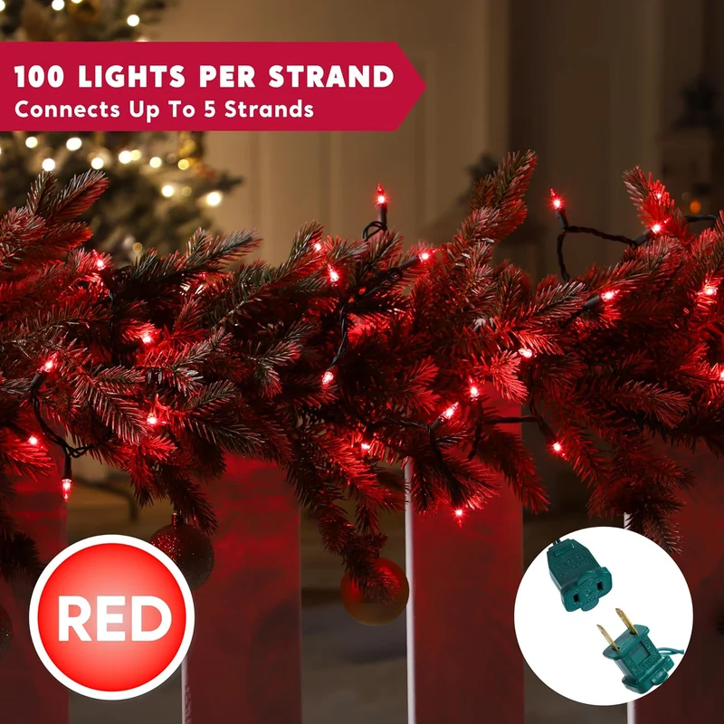 Red Christmas Lights,42.8FT / 200 Count String Lights - Green Wire for Decorations