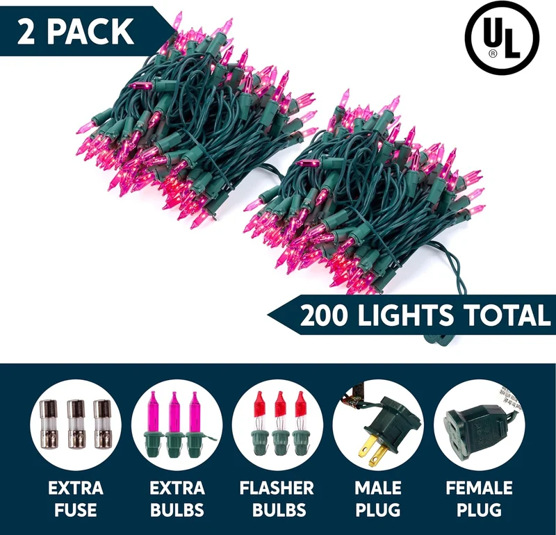 Pink Christmas Lights,42.8FT / 200 Count String Lights - Green Wire for Decorations