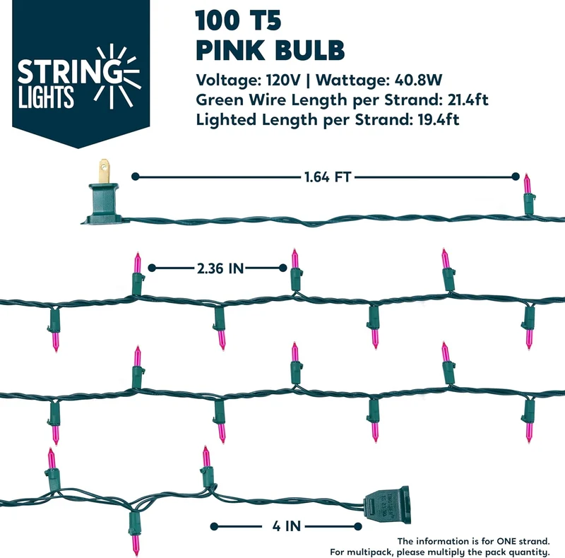 Pink Christmas Lights,42.8FT / 200 Count String Lights - Green Wire for Decorations
