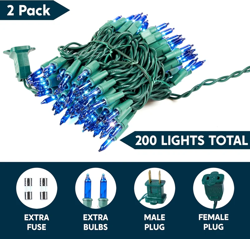 Blue Christmas String Lights,200CT /44.6FT Christmas Fairy Tree Lights Plug Decorations - Green Wire
