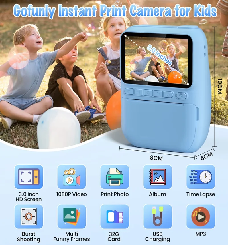 Instant Print Camera 3.0" HD 32MP Kids 1080P w/ 3 Rolls of Printer Paper 32GB SD Card (Blue)