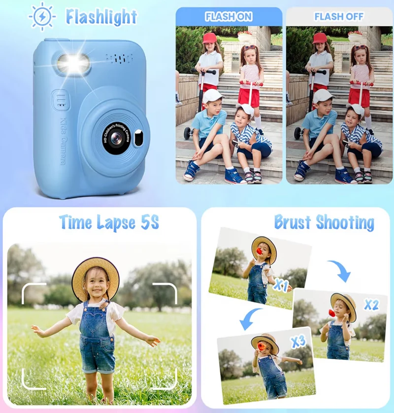 Instant Print Camera 3.0" HD 32MP Kids 1080P w/ 3 Rolls of Printer Paper 32GB SD Card (Blue)