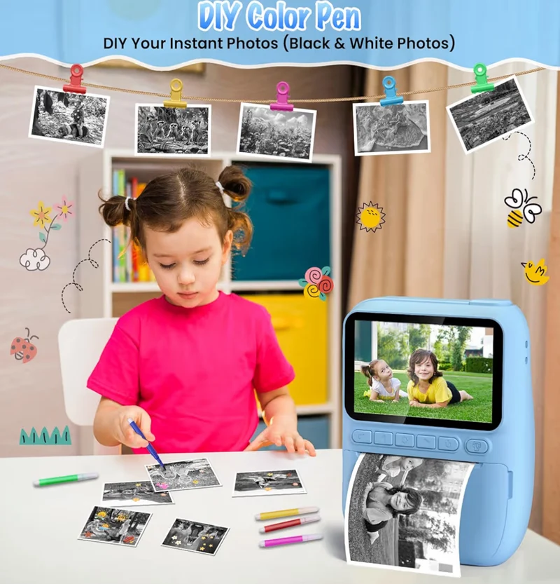 Instant Print Camera 3.0" HD 32MP Kids 1080P w/ 3 Rolls of Printer Paper 32GB SD Card (Blue)