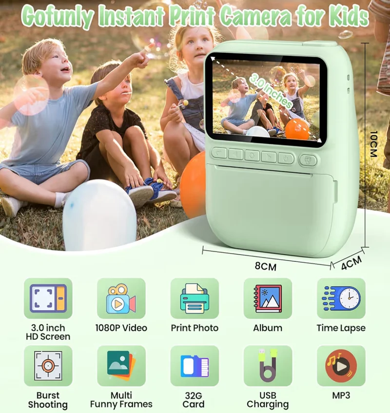 Instant Print Camera 3.0" HD 32MP Kids 1080P w/ 3 Rolls of Printer Paper 32GB SD Card (Green)