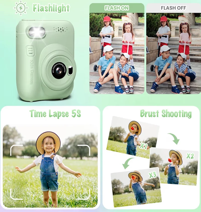 Instant Print Camera 3.0" HD 32MP Kids 1080P w/ 3 Rolls of Printer Paper 32GB SD Card (Green)