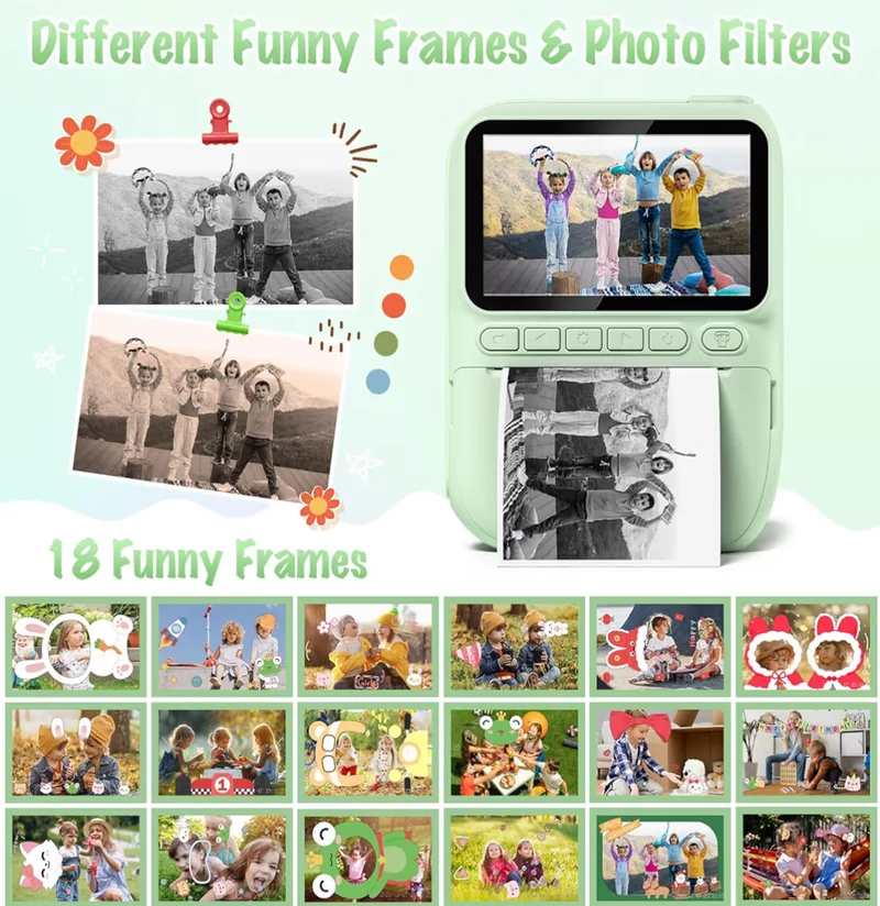 Instant Print Camera 3.0" HD 32MP Kids 1080P w/ 3 Rolls of Printer Paper 32GB SD Card (Green)