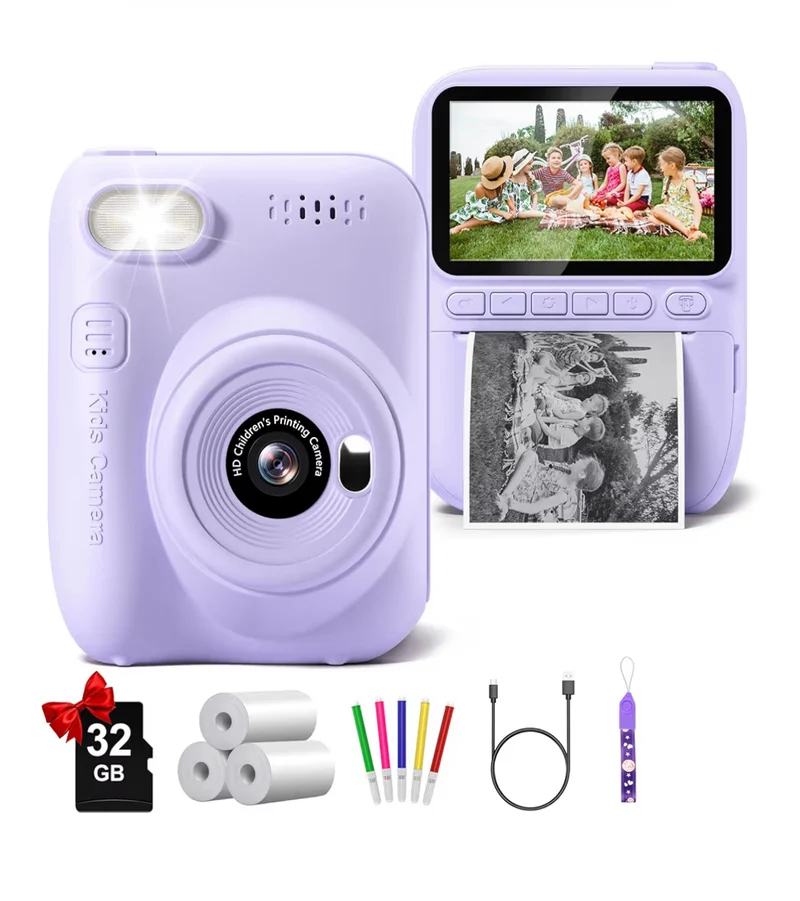 Instant Print Camera 3.0" HD 32MP Kids 1080P w/ 3 Rolls of Printer Paper 32GB SD Card (Purple)