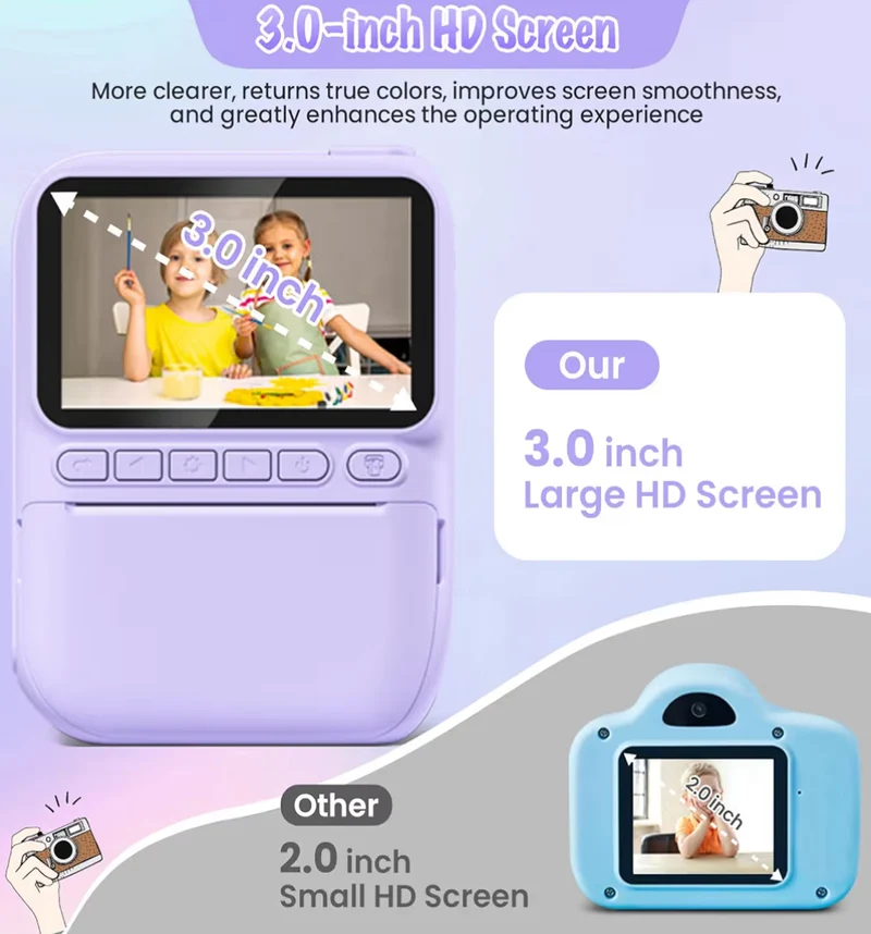Instant Print Camera 3.0" HD 32MP Kids 1080P w/ 3 Rolls of Printer Paper 32GB SD Card (Purple)