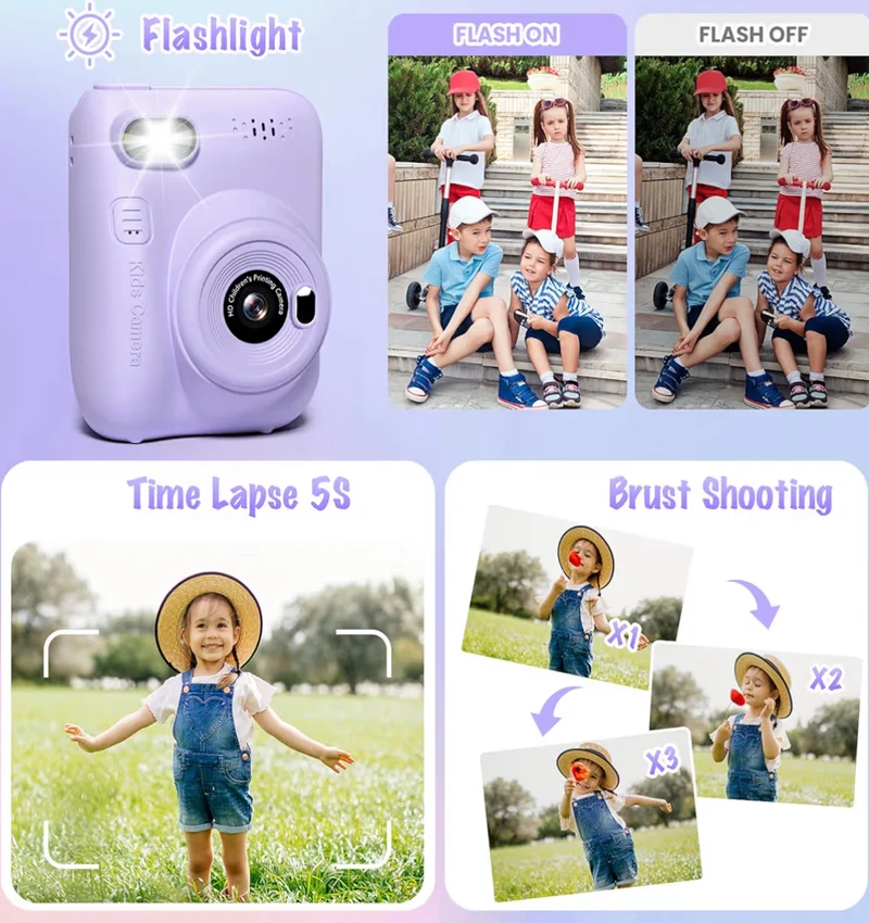 Instant Print Camera 3.0" HD 32MP Kids 1080P w/ 3 Rolls of Printer Paper 32GB SD Card (Purple)