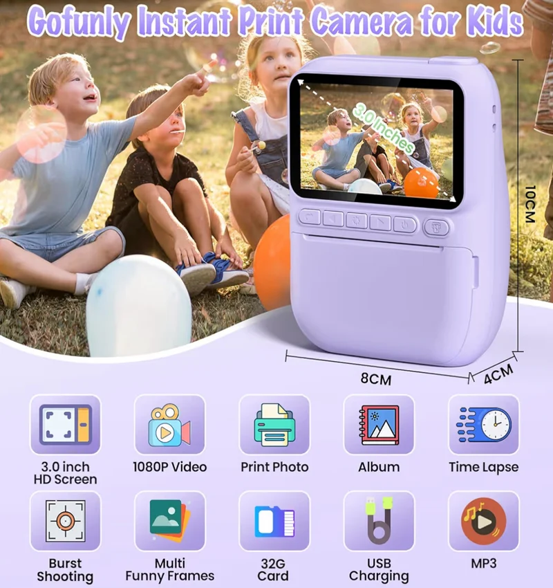 Instant Print Camera 3.0" HD 32MP Kids 1080P w/ 3 Rolls of Printer Paper 32GB SD Card (Purple)