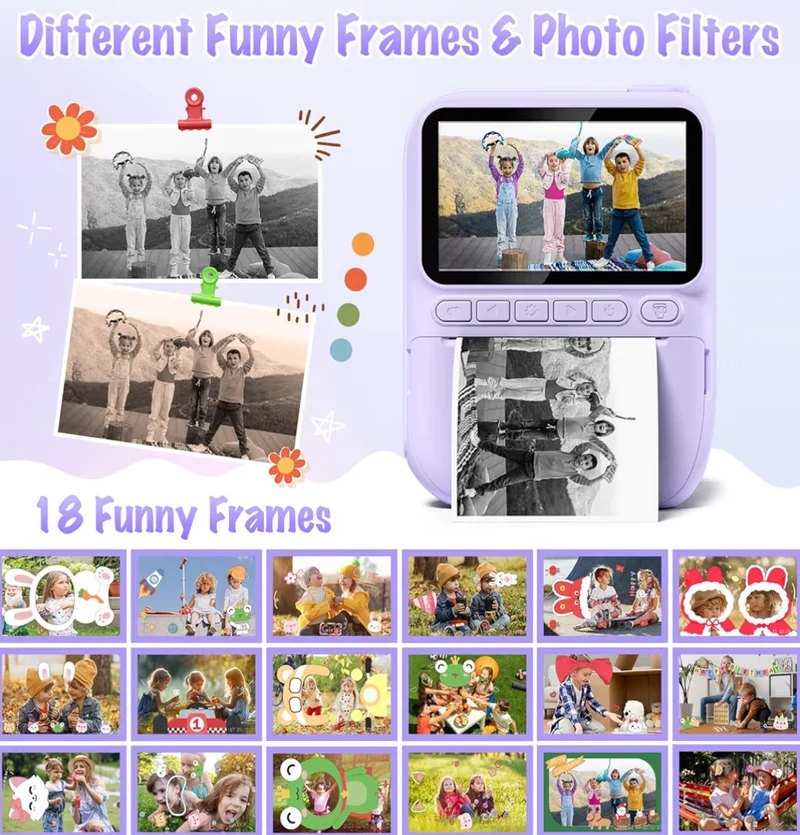 Instant Print Camera 3.0" HD 32MP Kids 1080P w/ 3 Rolls of Printer Paper 32GB SD Card (Purple)