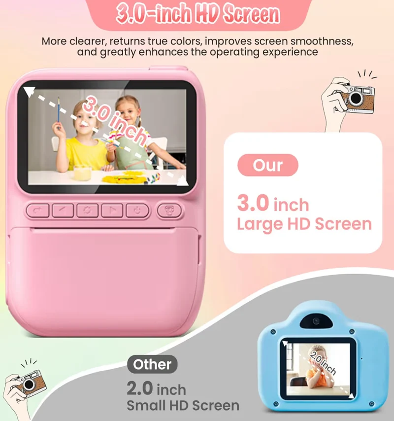 Instant Print Camera 3.0" HD 32MP Kids 1080P w/ 3 Rolls of Printer Paper 32GB SD Card (Pink)