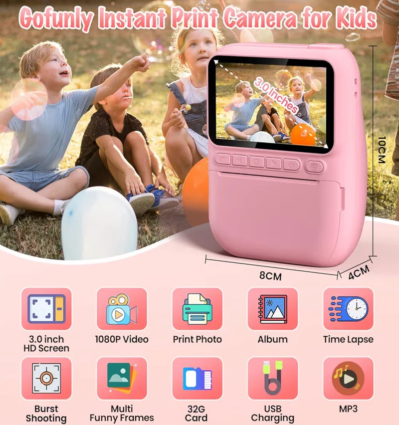 Instant Print Camera 3.0" HD 32MP Kids 1080P w/ 3 Rolls of Printer Paper 32GB SD Card (Pink)