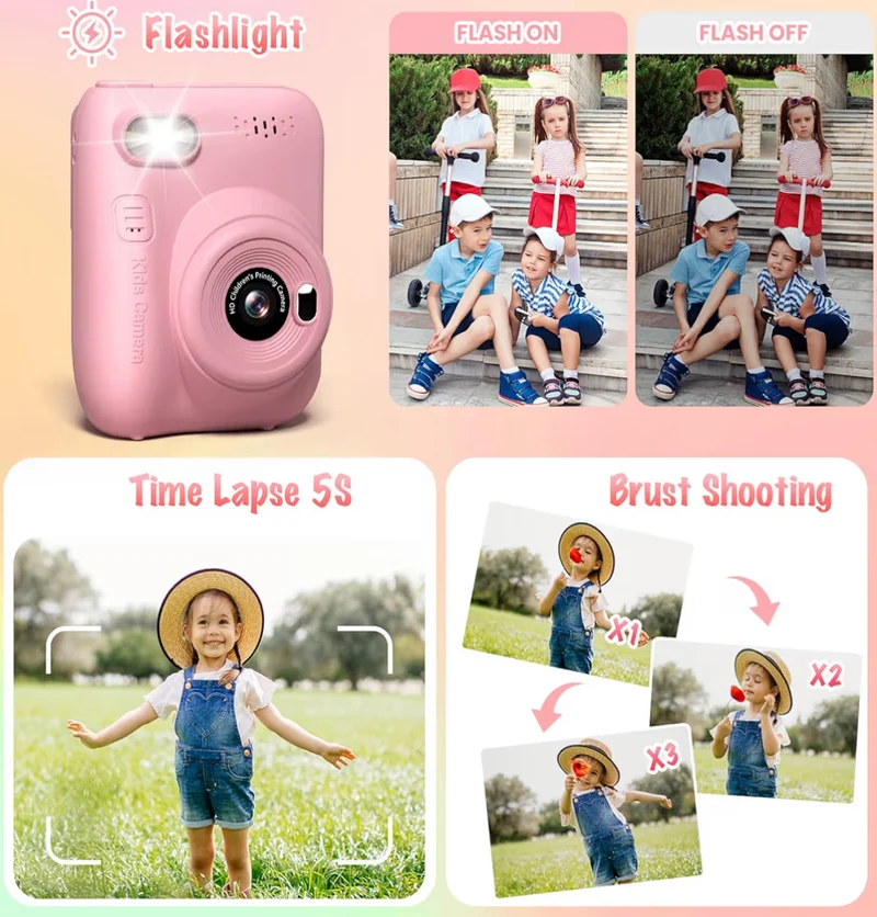 Instant Print Camera 3.0" HD 32MP Kids 1080P w/ 3 Rolls of Printer Paper 32GB SD Card (Pink)