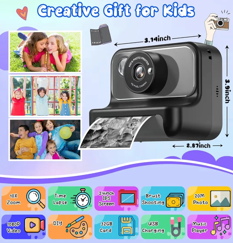 Kids Instant Print 1080P HD Video Digital Camera w/ 32G Card - (Black)