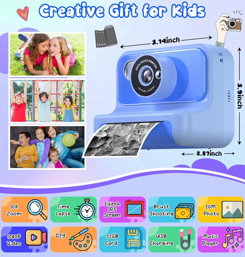 Kids Instant Print 1080P HD Video Digital Camera w/ 32G Card - (Blue)