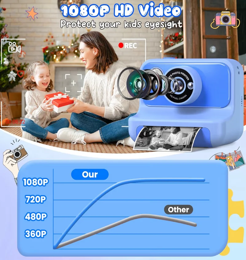 Kids Instant Print 1080P HD Video Digital Camera w/ 32G Card - (Blue)