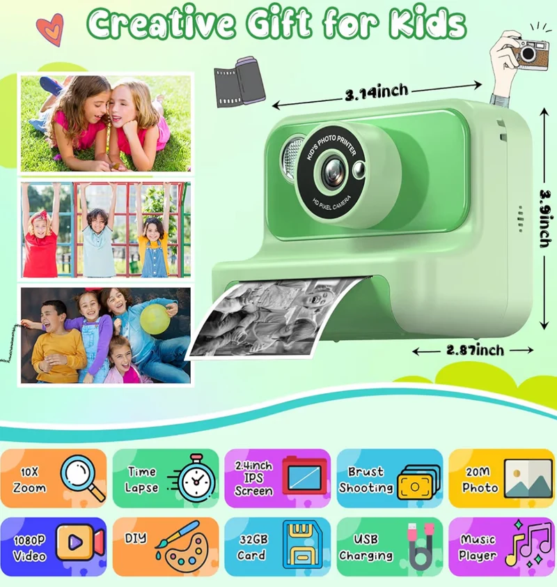 Kids Instant Print 1080P HD Video Digital Camera w/ 32G Card - (Green)