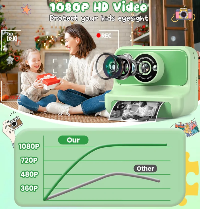 Kids Instant Print 1080P HD Video Digital Camera w/ 32G Card - (Green)