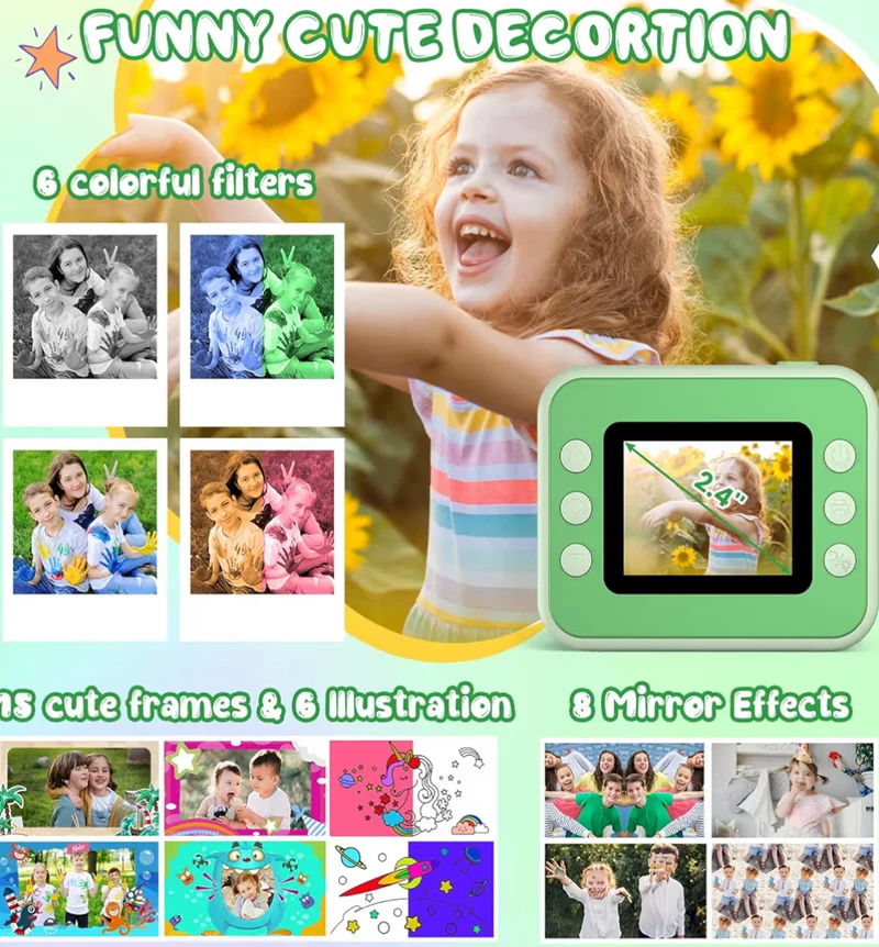 Kids Instant Print 1080P HD Video Digital Camera w/ 32G Card - (Green)