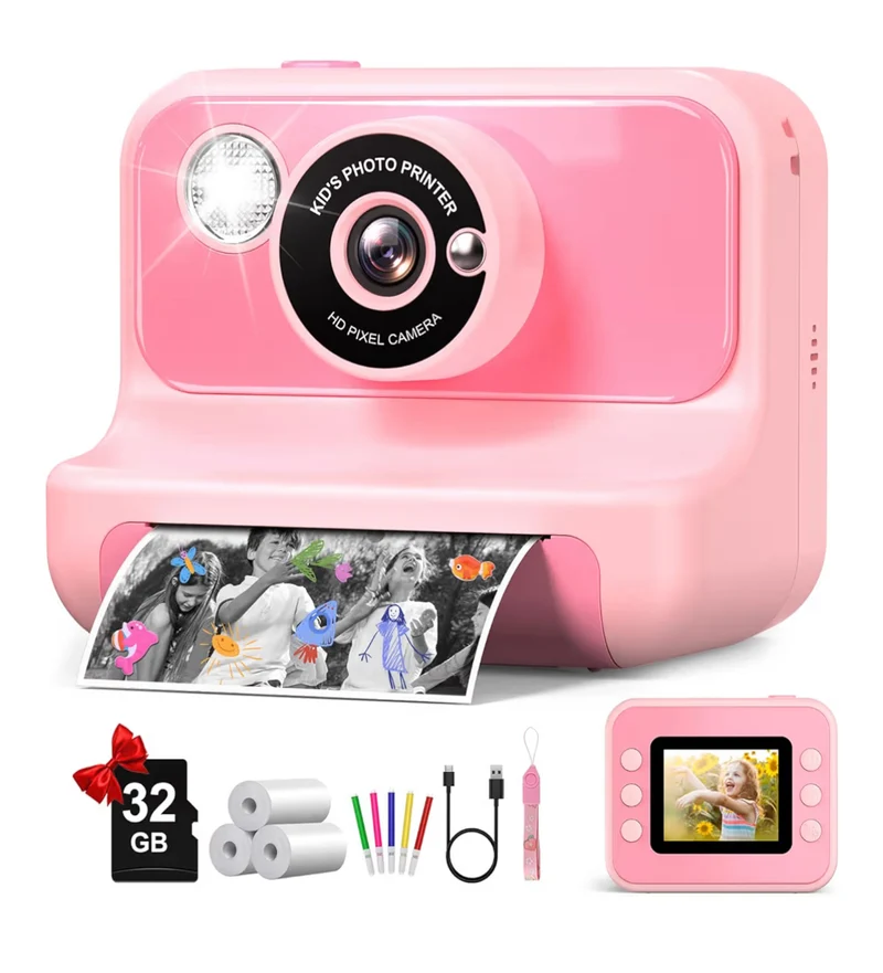 Kids Instant Print 1080P HD Video Digital Camera w/ 32G Card - (Light Pink)