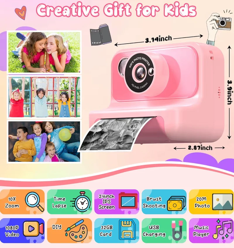 Kids Instant Print 1080P HD Video Digital Camera w/ 32G Card - (Light Pink)