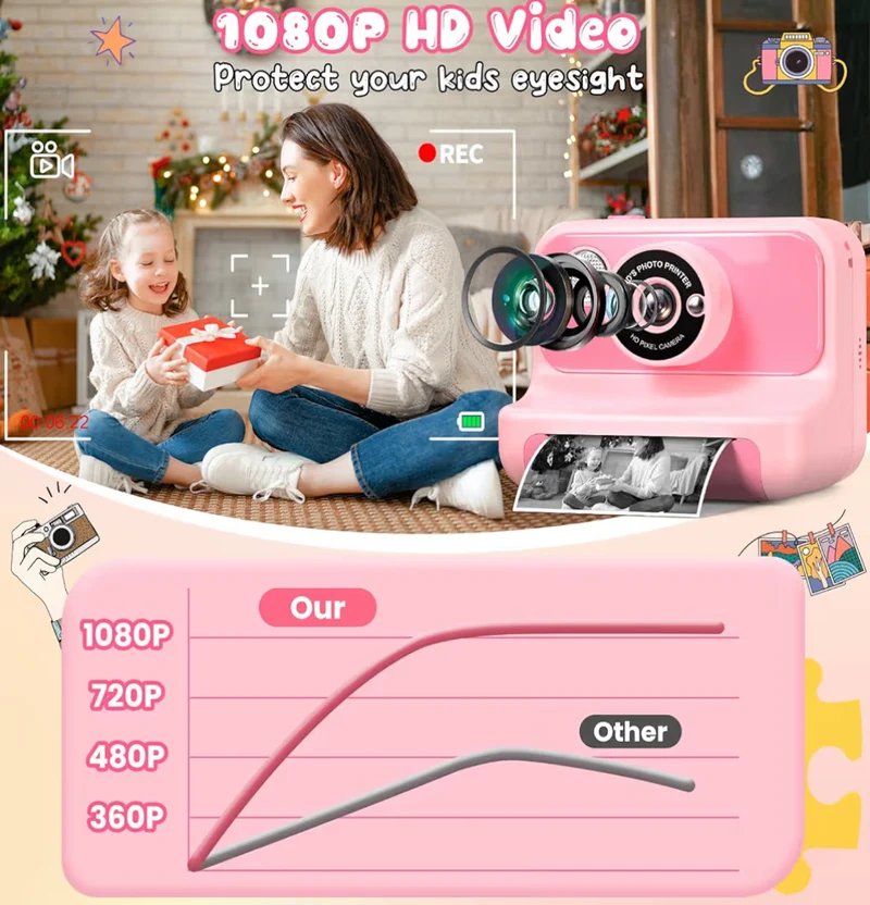 Kids Instant Print 1080P HD Video Digital Camera w/ 32G Card - (Light Pink)