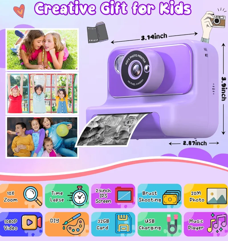 Kids Instant Print 1080P HD Video Digital Camera w/ 32G Card - (Purple)