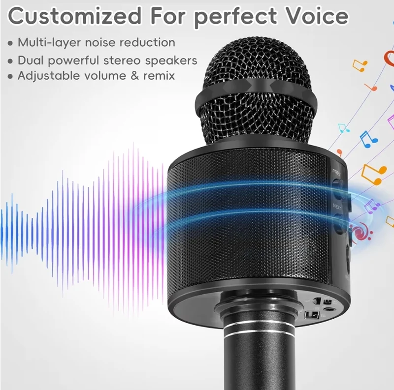 Wireless BT 5-in-1 Portable Handheld Karaoke Mic Speaker Player Recorder w/ Adjustable Remix FM Radio - (Matte Black)