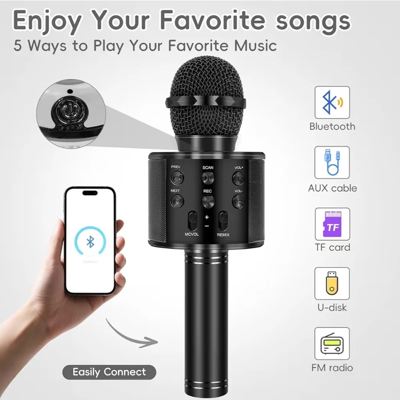 Wireless BT 5-in-1 Portable Handheld Karaoke Mic Speaker Player Recorder w/ Adjustable Remix FM Radio - (Matte Black)