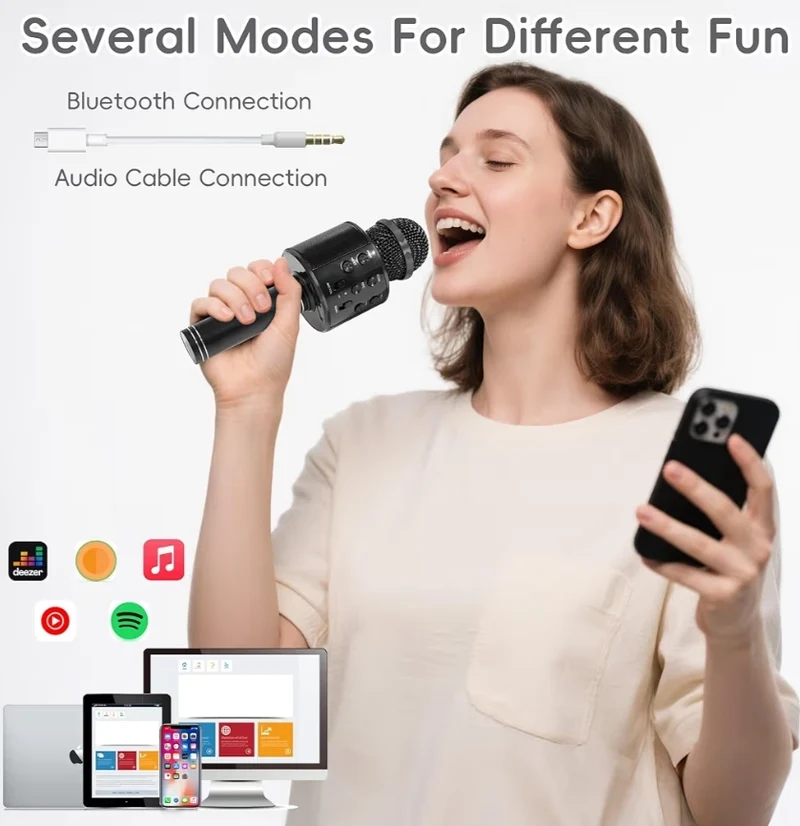 Wireless BT 5-in-1 Portable Handheld Karaoke Mic Speaker Player Recorder w/ Adjustable Remix FM Radio - (Matte Black)