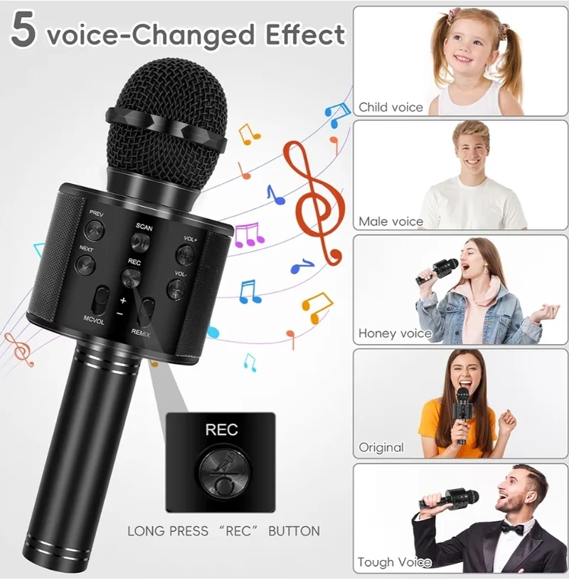 Wireless BT 5-in-1 Portable Handheld Karaoke Mic Speaker Player Recorder w/ Adjustable Remix FM Radio - (Matte Black)