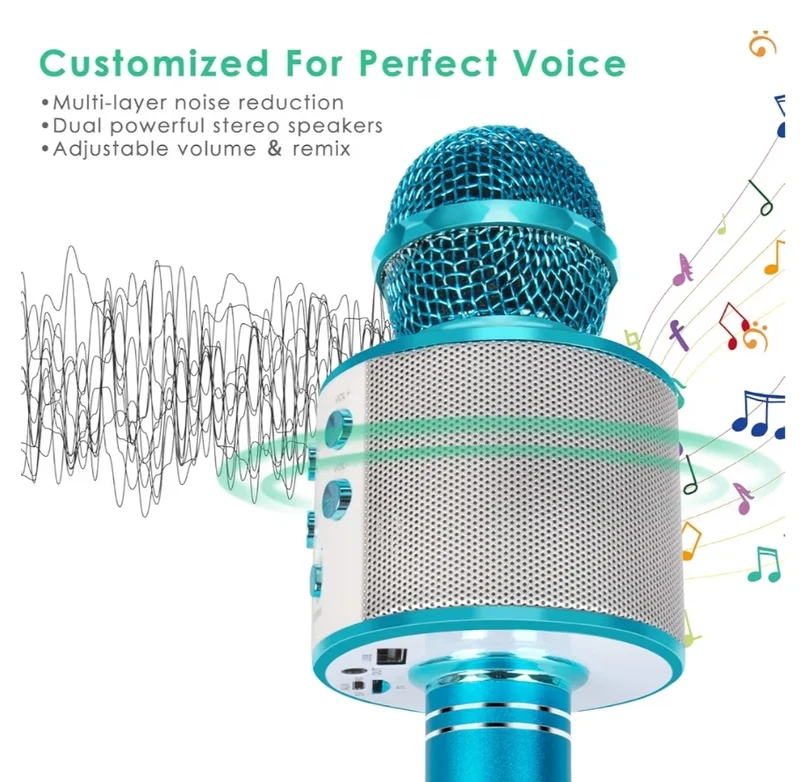 Wireless BT 5-in-1 Portable Handheld Karaoke Mic Speaker Player Recorder w/ Adjustable Remix FM Radio - (Blue)