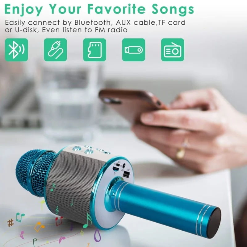 Wireless BT 5-in-1 Portable Handheld Karaoke Mic Speaker Player Recorder w/ Adjustable Remix FM Radio - (Blue)
