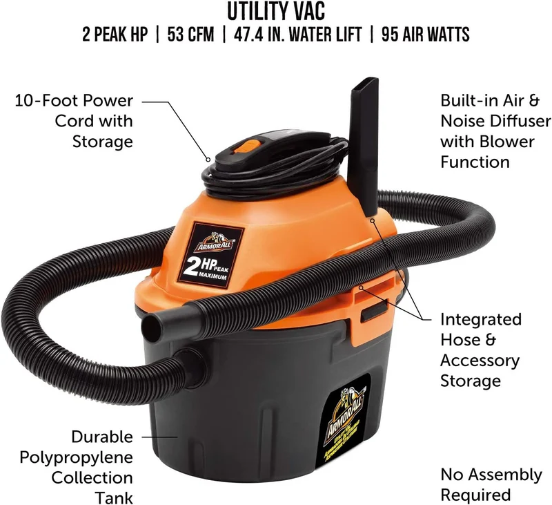 Armor All AA255 2.5 Gallon 2 Peak HP Wet/Dry Utility Shop Vacuum - Orange