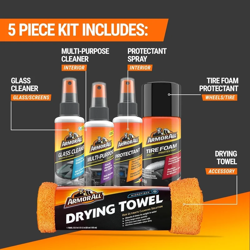 Armor All Car Wash and Car Interior Cleaner Kit, Includes Towel, Tire Foam, Glass Spray, Protectant Spray and Cleaning Spray