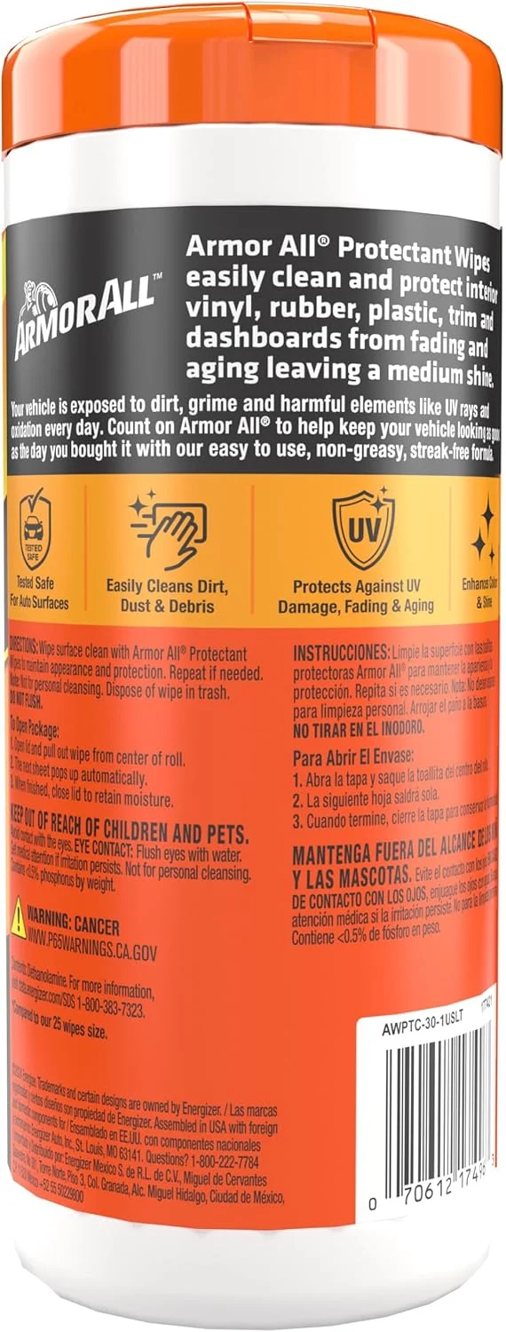Armor All Original Protectant Wipes, Car Interior Cleaner Wipes w/ UV Protection - (30 Count)