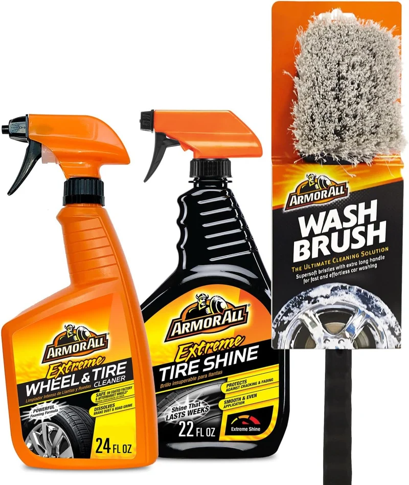 Armor All Heavy Duty Car Wheel Cleaner and Tire Shine Kit - Extreme Tire Shine Spray and Wash Brush - 3CT