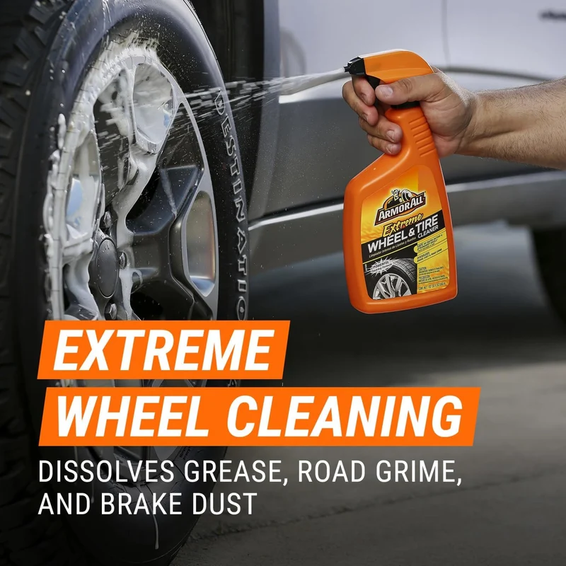 Armor All Heavy Duty Car Wheel Cleaner and Tire Shine Kit - Extreme Tire Shine Spray and Wash Brush - 3CT