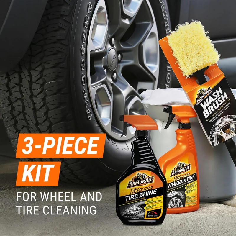Armor All Heavy Duty Car Wheel Cleaner and Tire Shine Kit - Extreme Tire Shine Spray and Wash Brush - 3CT