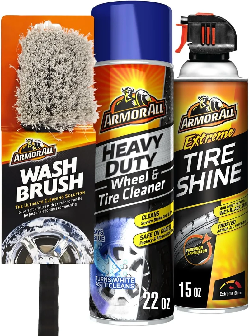 Armor All Wheel and Tire Cleaner and Tire Shine Kit - Heavy Duty Extreme Tire Shine Spray and Wash Brush - 3CT