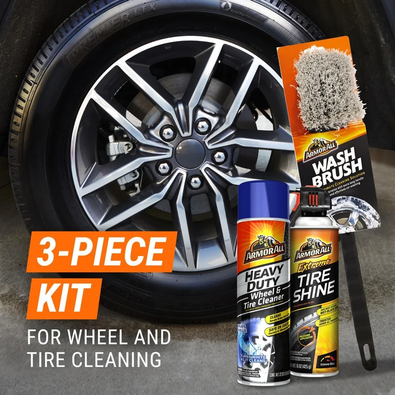Armor All Wheel and Tire Cleaner and Tire Shine Kit - Heavy Duty Extreme Tire Shine Spray and Wash Brush - 3CT
