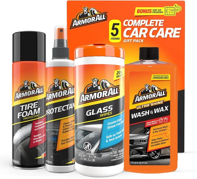 Armor All Car Wash and Car Cleaner Kit - Includes Glass Wipes, Car Wash & Wax Concentrate, Protectant Spray and Tire Foam