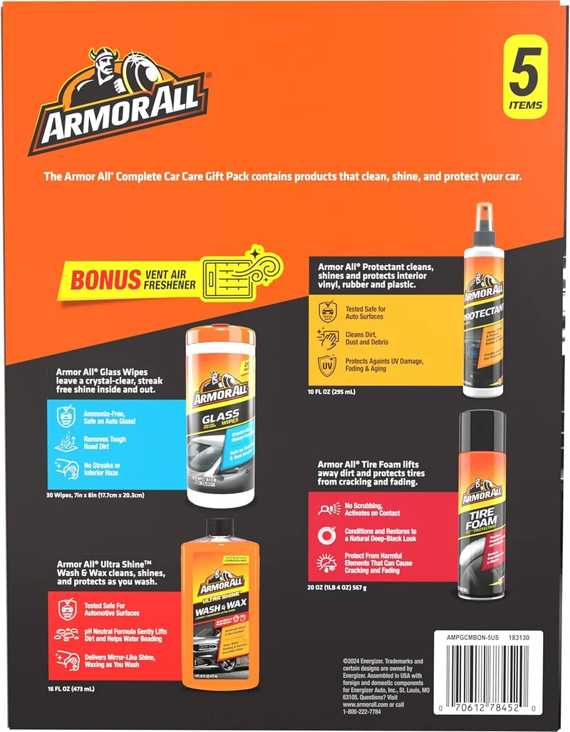 Armor All Car Wash and Car Cleaner Kit - Includes Glass Wipes, Car Wash & Wax Concentrate, Protectant Spray and Tire Foam