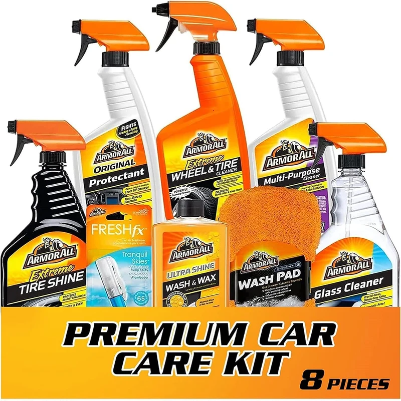 Armor All Premier Car Care Kit, Includes Car Wax & Wash Kit, Glass Cleaner, Car Air Freshener, Tire & Wheel Cleaner - (8 Piece Kit)