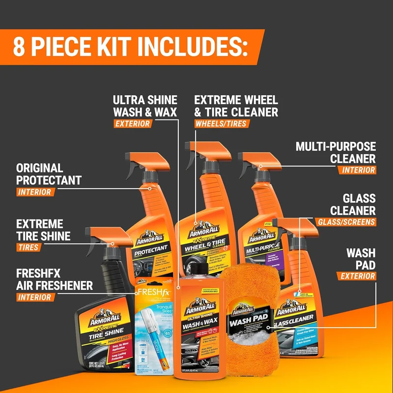 Armor All Premier Car Care Kit, Includes Car Wax & Wash Kit, Glass Cleaner, Car Air Freshener, Tire & Wheel Cleaner - (8 Piece Kit)