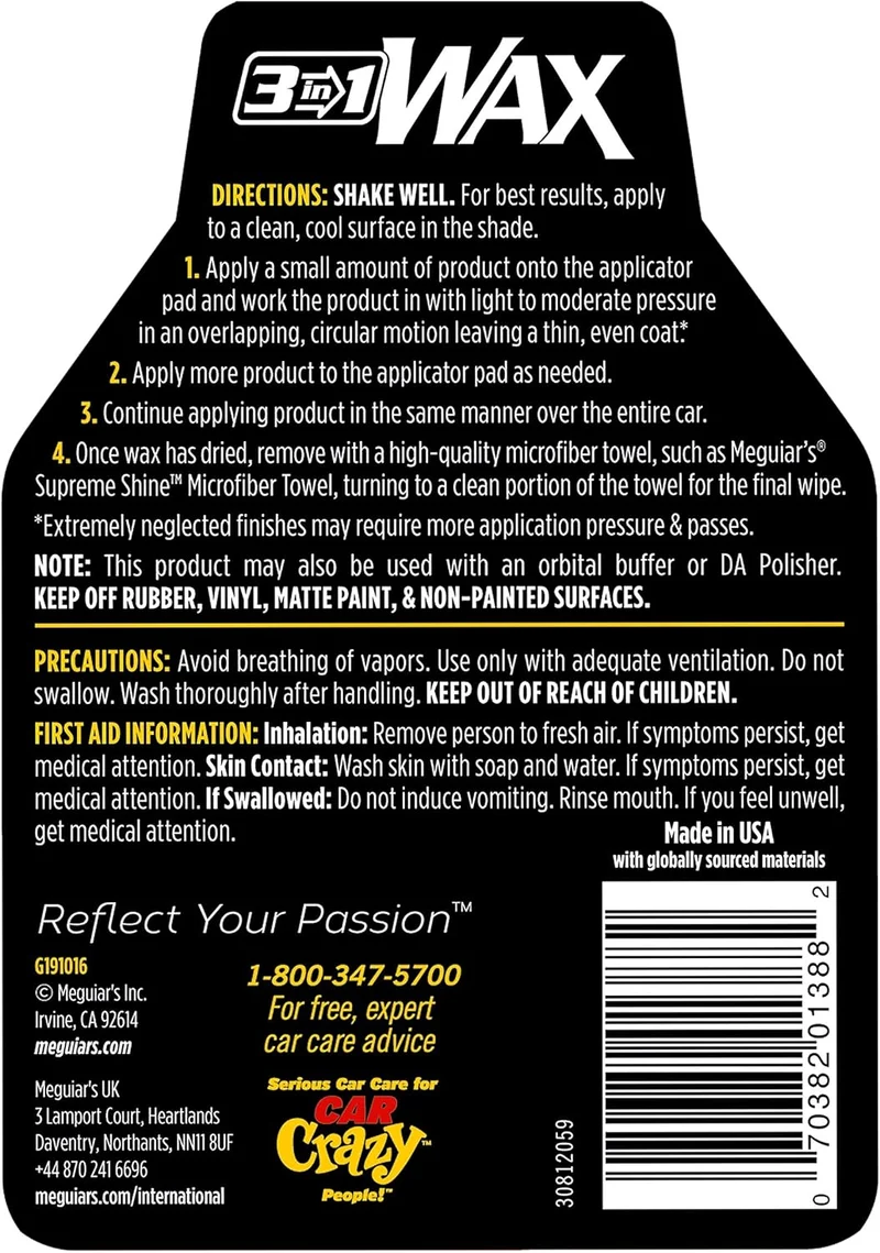 Meguiar's 3 In 1 Wax - Advanced Cleaner Wax that Blends Defect and Scratch Removal, Car Polishing for a High Gloss (16 Oz)