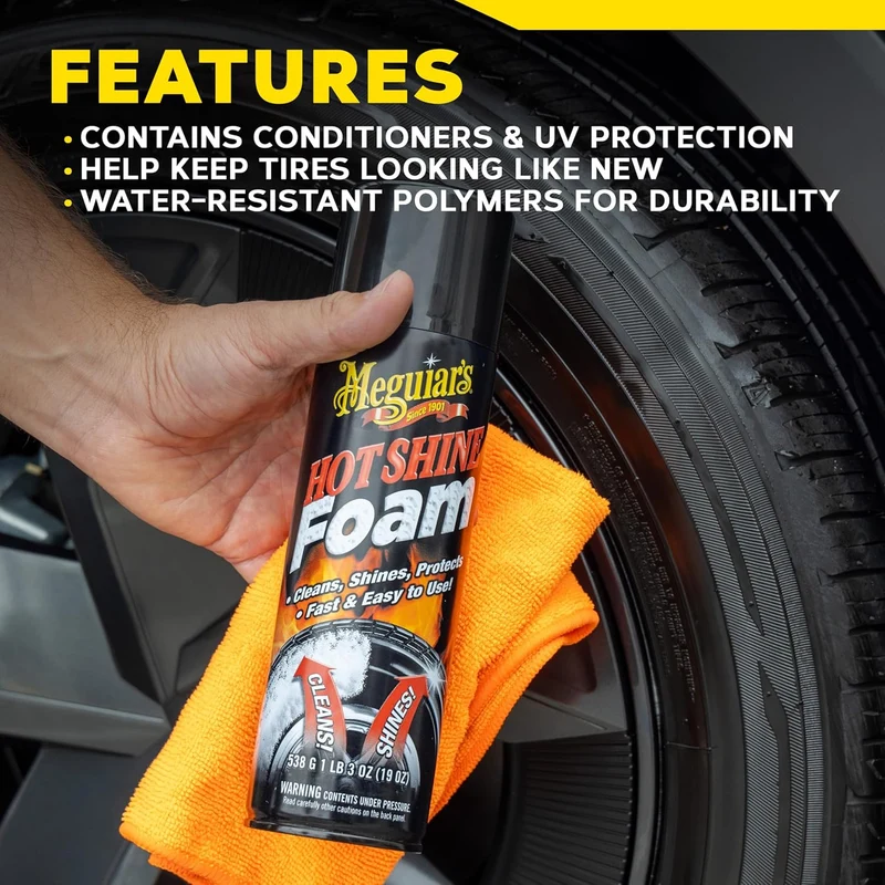 Meguiar's Hot Shine Tire Foam, High Gloss Tire Shine That Cleans, Shines, and Protects - Black Shine - (19 Oz)