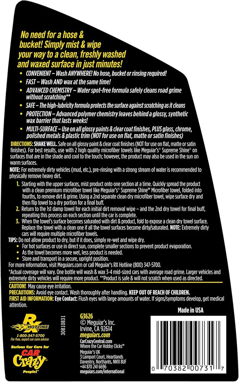 Meguiar’s Ultimate Waterless Wash & Wax, Scratch-Free Cleaning Spray 2-in-1 Detailer for Shine (26 Oz)